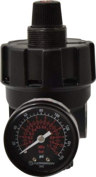 Norgren - 1/4 NPT Port, 200 CFM, Zinc Hi-Flow Regulator - 10 to 125 psi Range, 300 Max psi Supply Pressure, 1/4" Gauge Port Thread, 2.7" Wide x 4.83" High - Industrial Tool & Supply