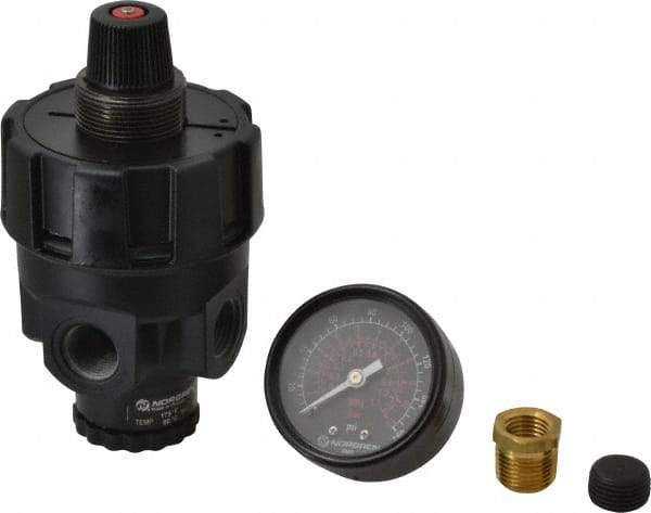 Norgren - 3/8 NPT Port, Zinc Hi-Flow Regulator - 10 to 125 psi Range, 300 Max psi Supply Pressure, 3/8" Gauge Port Thread, 2.7" Wide x 4.83" High - Industrial Tool & Supply