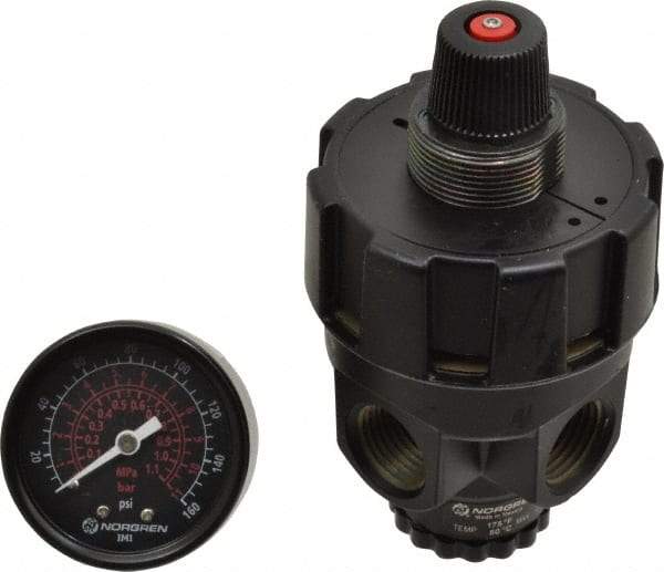 Norgren - 1/2 NPT Port, Zinc Hi-Flow Regulator - 10 to 125 psi Range, 300 Max psi Supply Pressure, 1/2" Gauge Port Thread, 2.7" Wide x 4.83" High - Industrial Tool & Supply