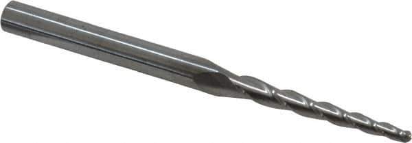 Accupro - 2° Taper Angle per Side, 5/64" Small End Diam, 1" LOC, Solid Carbide 3 Flute Tapered Ball End Mill - 2-1/2" OAL, 3/16" Shank Diam - Industrial Tool & Supply