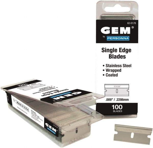 GEM - 100 Piece Stainless Steel Single Edge Blade - 1-1/2" OAL, 0.009" Blade Thickness - Industrial Tool & Supply