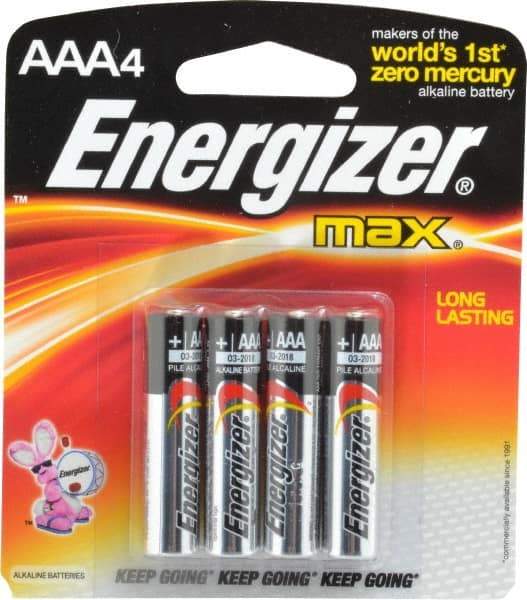 Energizer - Size AAA, Alkaline, 4 Pack, Standard Battery - 1.5 Volts, Button Tab Terminal, LR03, ANSI, IEC Regulated - Industrial Tool & Supply