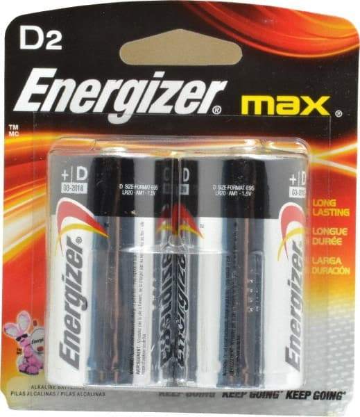 Energizer - Size D, Alkaline, 2 Pack, Standard Battery - 1.5 Volts, Flat Terminal, LR20, ANSI, IEC Regulated - Industrial Tool & Supply