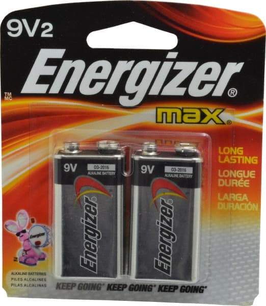 Energizer - Size 9V, Alkaline, 2 Pack, Standard Battery - 9 Volts, Miniature Snap Terminal, 6LR61, ANSI, IEC Regulated - Industrial Tool & Supply
