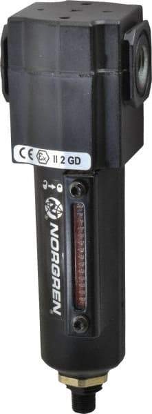 Norgren - 1/4" Port, 6.02" High x 1.98" Wide Compact Filter with Metal Bowl, Automatic Drain - 55 SCFM, 150 Max psi, 150°F Max Temp, Sight Glass Included, Modular Connection, 2.2 oz Bowl Capacity - Industrial Tool & Supply