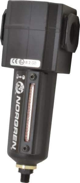 Norgren - 1/2" Port, 7.15" High x 2.68" Wide Intermediate Filter with Metal Bowl, Automatic Drain - 80 SCFM, 250 Max psi, 150°F Max Temp, Sight Glass Included, Modular Connection, 3.5 oz Bowl Capacity - Industrial Tool & Supply