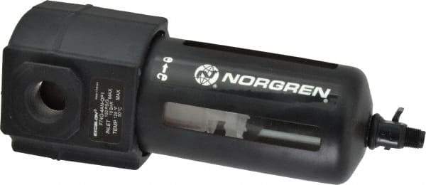 Norgren - 1/2" Port, 7.95" High x 3.15" Wide Standard Filter with Polycarbonate Bowl, Manual Drain - 140 SCFM, 150 Max psi, 125°F Max Temp, Modular Connection, Bowl Guard, 7 oz Bowl Capacity - Industrial Tool & Supply