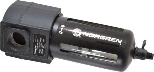 Norgren - 3/4" Port, 7.95" High x 3.15" Wide Standard Filter with Polycarbonate Bowl, Manual Drain - 140 SCFM, 150 Max psi, 125°F Max Temp, Modular Connection, Bowl Guard, 7 oz Bowl Capacity - Industrial Tool & Supply