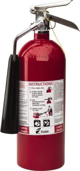 Kidde - 5 Lb, 10-A:80-B:C Rated, Carbon Dioxide Fire Extinguisher - 5-1/4" Diam x 17" High, 850 psi, 8' Discharge in 9 sec, Rechargeable, Aluminum Cylinder - Industrial Tool & Supply