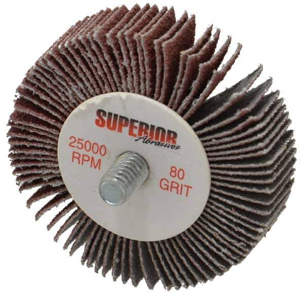 Superior Abrasives - 2" Diam x 1/2" Face Width, Medium Aluminum Oxide Coated Mounted Flap Wheel - 1/4-20 Threaded Mount, 80 Grit, X Weighted Cloth Backing, 25,000 Max RPM - Industrial Tool & Supply