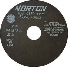 Norton - 6" 90 Grit Aluminum Oxide Cutoff Wheel - 0.015" Thick, 1-1/4" Arbor, 6,370 Max RPM, Use with Stationary Tools - Industrial Tool & Supply