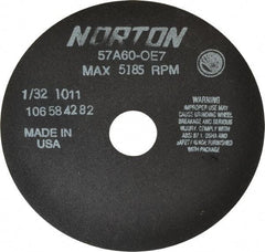 Norton - 7" 60 Grit Aluminum Oxide Cutoff Wheel - 1/32" Thick, 1-1/4" Arbor, 5,185 Max RPM, Use with Stationary Tools - Industrial Tool & Supply