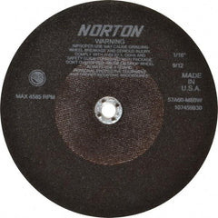 Norton - 10" 60 Grit Aluminum Oxide Cutoff Wheel - 1/16" Thick, 5/8" Arbor, 4,585 Max RPM, Use with Stationary Tools - Industrial Tool & Supply