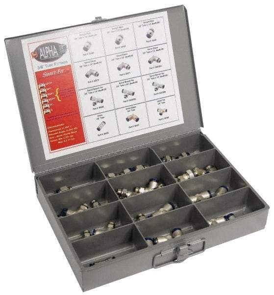 Alpha Technologies - 36 Piece, Swift Fit Push In Fitting Metric Kit - 3/8 to 1/2" Thread, 12mm Tube - Industrial Tool & Supply