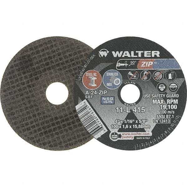 WALTER Surface Technologies - 4" 24 Grit Aluminum Oxide Cutoff Wheel - 1/16" Thick, 5/8" Arbor, 19,100 Max RPM, Use with Die Grinders - Industrial Tool & Supply