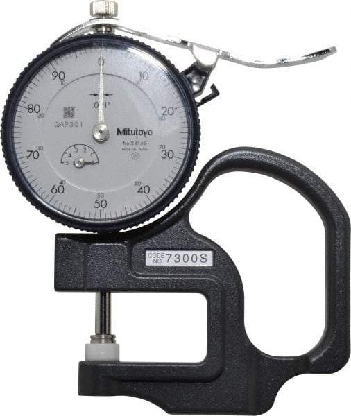 Mitutoyo - 0 to 1/2 Inch Measurement, 0.001 Inch Graduation, 1.1811 Inch Throat Depth, Dial Thickness Gage - 0.001 Inch Accuracy, 1.4 N Force, 2 Inch Dial Diameter - Industrial Tool & Supply
