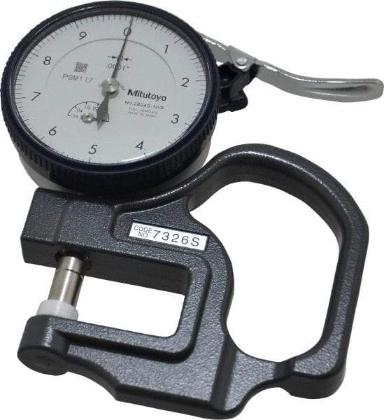 Mitutoyo - 0 to 0.05 Inch Measurement, 0.00005 Inch Graduation, 1.1811 Inch Throat Depth, Dial Thickness Gage - 0.0002 Inch Accuracy, 1.4 N Force, 2 Inch Dial Diameter - Industrial Tool & Supply
