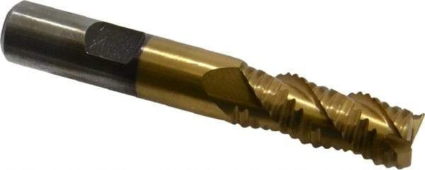 Interstate - 1/2" Diam, Coarse Pitch, 1-1/4" LOC, 3 Flute Cobalt Roughing Square End Mill - TiN Finish, 3-1/4" OAL, 1/2" Shank Diam, Single End, Centercutting - Industrial Tool & Supply