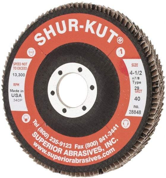 Superior Abrasives - 40 Grit, 4-1/2" Disc Diam, 7/8" Center Hole, Type 29 Zirconia Alumina Flap Disc - 13,000 Max RPM, Fiberglass Backing, Arbor Attaching System, Coated - Industrial Tool & Supply