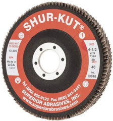 Superior Abrasives - 40 Grit, 4-1/2" Disc Diam, 7/8" Center Hole, Type 29 Zirconia Alumina Flap Disc - 13,000 Max RPM, Fiberglass Backing, Arbor Attaching System, Coated - Industrial Tool & Supply