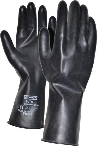 North - Size M (8), 11" Long, 16 mil Thick, Butyl Chemical Resistant Gloves - Smooth Finish, Rolled Cuff, Black - Industrial Tool & Supply