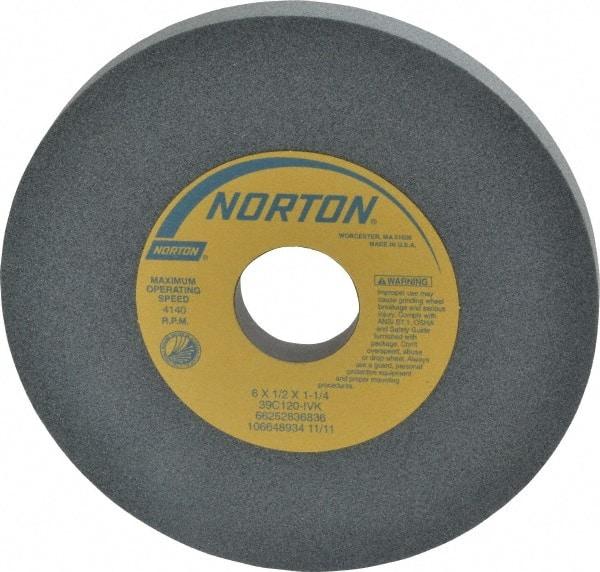 Norton - 6" Diam x 1-1/4" Hole x 1/2" Thick, I Hardness, 120 Grit Surface Grinding Wheel - Silicon Carbide, Type 1, Fine Grade, 4,140 Max RPM, Vitrified Bond, No Recess - Industrial Tool & Supply