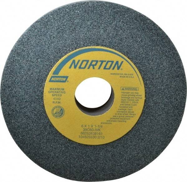 Norton - 6" Diam x 1-1/4" Hole x 1" Thick, I Hardness, 60 Grit Surface Grinding Wheel - Silicon Carbide, Type 1, Medium Grade, 4,140 Max RPM, Vitrified Bond, No Recess - Industrial Tool & Supply