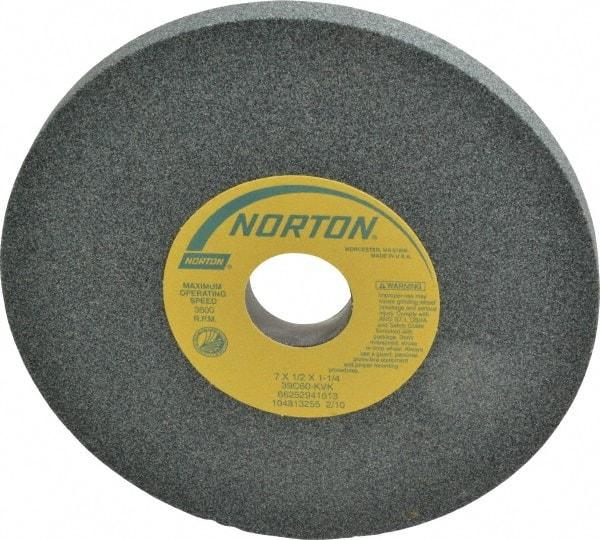 Norton - 7" Diam x 1-1/4" Hole x 1/2" Thick, K Hardness, 60 Grit Surface Grinding Wheel - Silicon Carbide, Type 1, Medium Grade, 3,600 Max RPM, Vitrified Bond, No Recess - Industrial Tool & Supply