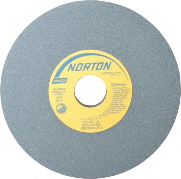 Norton - 7" Diam x 1-1/4" Hole x 1/2" Thick, I Hardness, 120 Grit Surface Grinding Wheel - Silicon Carbide, Type 1, Fine Grade, 3,600 Max RPM, Vitrified Bond, No Recess - Industrial Tool & Supply