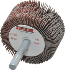 Superior Abrasives - 2" Diam x 1" Face Width, Fine Aluminum Oxide Coated Mounted Flap Wheel - 1/4" Shank Mount, 120 Grit, J Weighted Cloth Backing, 14,000 Max RPM - Industrial Tool & Supply