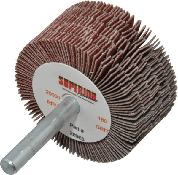 Superior Abrasives - 2" Diam x 1" Face Width, Very Fine Aluminum Oxide Coated Mounted Flap Wheel - 1/4" Shank Mount, 180 Grit, J Weighted Cloth Backing, 14,000 Max RPM - Industrial Tool & Supply