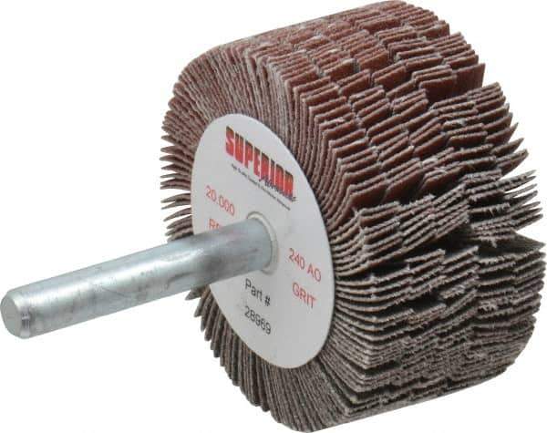Superior Abrasives - 2" Diam x 1" Face Width, Very Fine Aluminum Oxide Coated Mounted Flap Wheel - 1/4" Shank Mount, 240 Grit, J Weighted Cloth Backing, 14,000 Max RPM - Industrial Tool & Supply