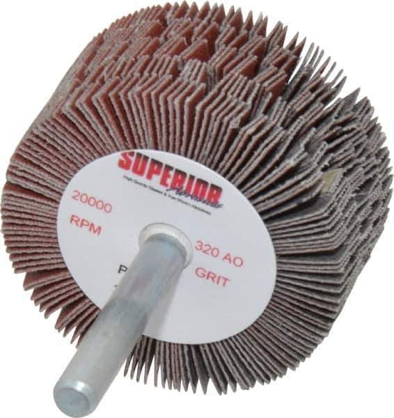 Superior Abrasives - 2" Diam x 1" Face Width, Extra Fine Aluminum Oxide Coated Mounted Flap Wheel - 1/4" Shank Mount, 320 Grit, J Weighted Cloth Backing, 14,000 Max RPM - Industrial Tool & Supply