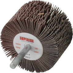 Superior Abrasives - 2-1/2" Diam x 1-1/2" Face Width, Very Fine Aluminum Oxide Coated Mounted Flap Wheel - 1/4" Shank Mount, 180 Grit, J Weighted Cloth Backing, 9,000 Max RPM - Industrial Tool & Supply