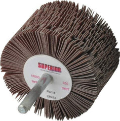 Superior Abrasives - 2-1/2" Diam x 1-1/2" Face Width, Extra Fine Aluminum Oxide Coated Mounted Flap Wheel - 1/4" Shank Mount, 320 Grit, J Weighted Cloth Backing, 9,000 Max RPM - Industrial Tool & Supply