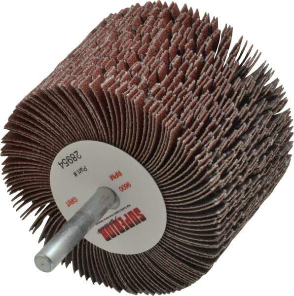 Superior Abrasives - 3" Diam x 2" Face Width, Fine Aluminum Oxide Coated Mounted Flap Wheel - 1/4" Shank Mount, 120 Grit, J Weighted Cloth Backing, 6,000 Max RPM - Industrial Tool & Supply