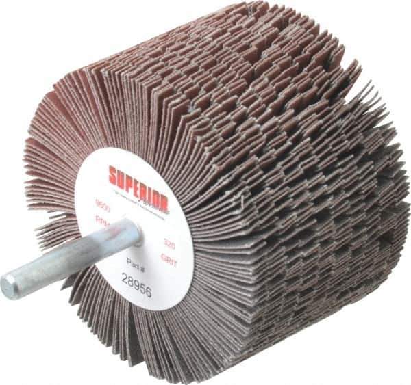Superior Abrasives - 3" Diam x 2" Face Width, Extra Fine Aluminum Oxide Coated Mounted Flap Wheel - 1/4" Shank Mount, 320 Grit, J Weighted Cloth Backing, 6,000 Max RPM - Industrial Tool & Supply