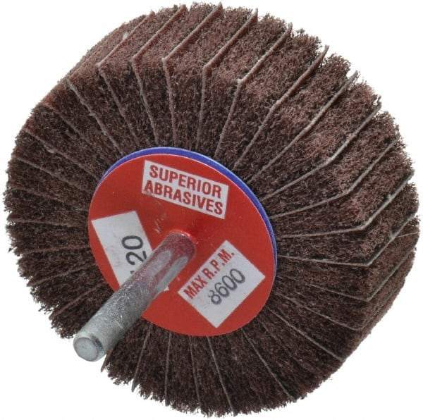 Superior Abrasives - 3" Diam x 1" Face Width, Fine Aluminum Oxide Coated Mounted Flap Wheel - 1/4" Shank Mount, 120 Grit, Interleaf, 8,000 Max RPM - Industrial Tool & Supply