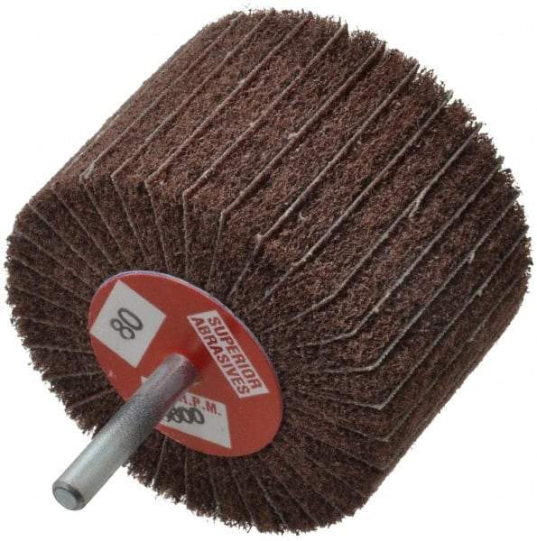 Superior Abrasives - 3" Diam x 2" Face Width, Medium Aluminum Oxide Coated Mounted Flap Wheel - 1/4" Shank Mount, 80 Grit, Interleaf, 8,000 Max RPM - Industrial Tool & Supply