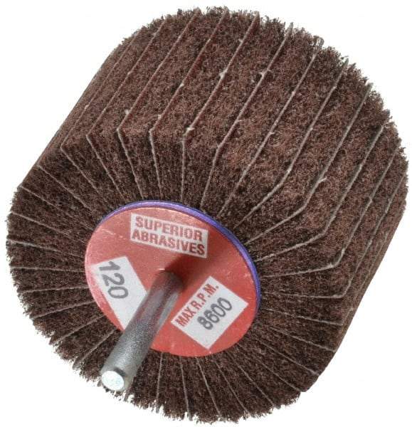 Superior Abrasives - 3" Diam x 2" Face Width, Fine Aluminum Oxide Coated Mounted Flap Wheel - 1/4" Shank Mount, 120 Grit, Interleaf, 8,000 Max RPM - Industrial Tool & Supply