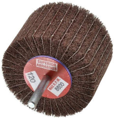 Superior Abrasives - 3" Diam x 2" Face Width, Fine Aluminum Oxide Coated Mounted Flap Wheel - 1/4" Shank Mount, 120 Grit, Interleaf, 8,000 Max RPM - Industrial Tool & Supply