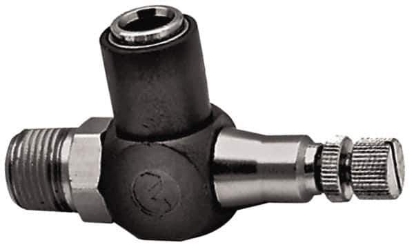 Norgren - 1/2" Tube Inlet x 1/2" NPTF Outlet Right Angle Adjustable Flow Control Valve - 5 to 150 psi, Needle Valve & Thermoplastic Material - Industrial Tool & Supply