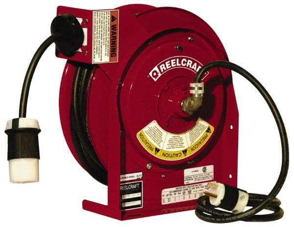 Reelcraft - 12 AWG, 45' Cable Length, Cord & Cable Reel with Outlet End - 1 Outlet, NEMA 5-20R, 20 Amps, 125 Volts, SJEOOW Cable, Red Reel - Industrial Tool & Supply