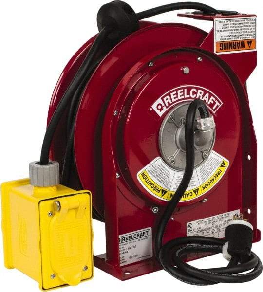 Reelcraft - 12 AWG, 45' Cable Length, Cord & Cable Reel with Duplex GFCI Outlet Box End - 2 Outlets, NEMA 5-20R, 20 Amps, 125 Volts, SJEOOW Cable, Red Reel - Industrial Tool & Supply