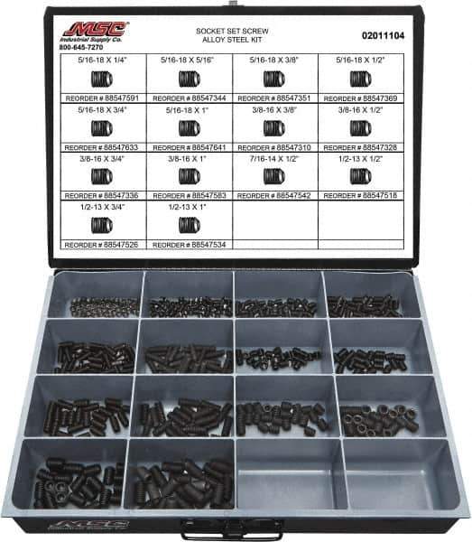 Value Collection - 500 Piece, 5/16 to 1/2, Steel Set Screw Assortment - Socket Cap Head, Hex Socket Drive, 1 to 3/4" Long - Industrial Tool & Supply