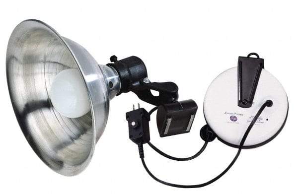 Made in USA - 18 AWG, 20' Cable Length, Cord & Cable Reel with Incandescent Hand Lamp End - 0 Outlets, 15 Amps, 110/115 Volts, SJT Cable, White/Black Reel - Industrial Tool & Supply