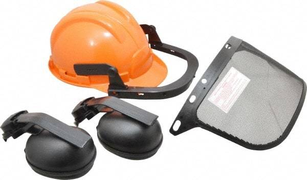 Tasco - Acrylonitrile Butadiene Styrene (ABS) Orange Ratchet Adjustment, Hard Hat & Mesh Screen Set with Muffs - 15-1/2" Wide x 6" High, Uncoated, Smoke Window - Industrial Tool & Supply