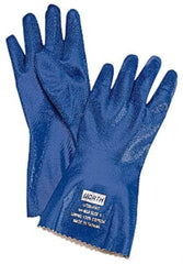 North - Size L (9), 12" Long, Supported, Nitrile Chemical Resistant Gloves - Textured Finish, Interlock Knit Lined, Gauntlet Pinked Cuff, Blue, FDA Approved - Industrial Tool & Supply