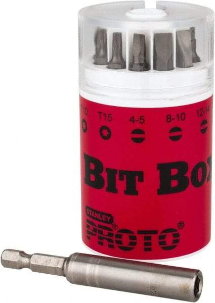 Proto - 10 Piece, 1/4" Drive Screwdriver Insert Bit Set - #1, #2 & #3 Phillips, T10 & T15 Torx, 4F-5R, 8F-10R & 10F-12R Slotted - Industrial Tool & Supply