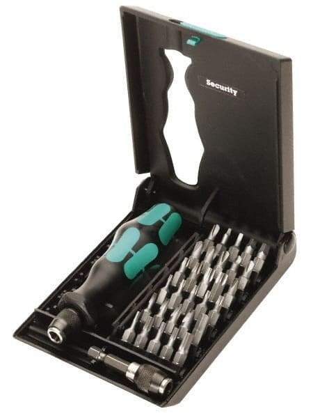 Wera - 32 Piece, 1/4" Drive Screwdriver Tamperproof Bit Set - Tamperproof 2 to 6mm Hex, Tamperproof 7 to 40 Torx, #0, #1, #2 & #3 Square Recess - Industrial Tool & Supply